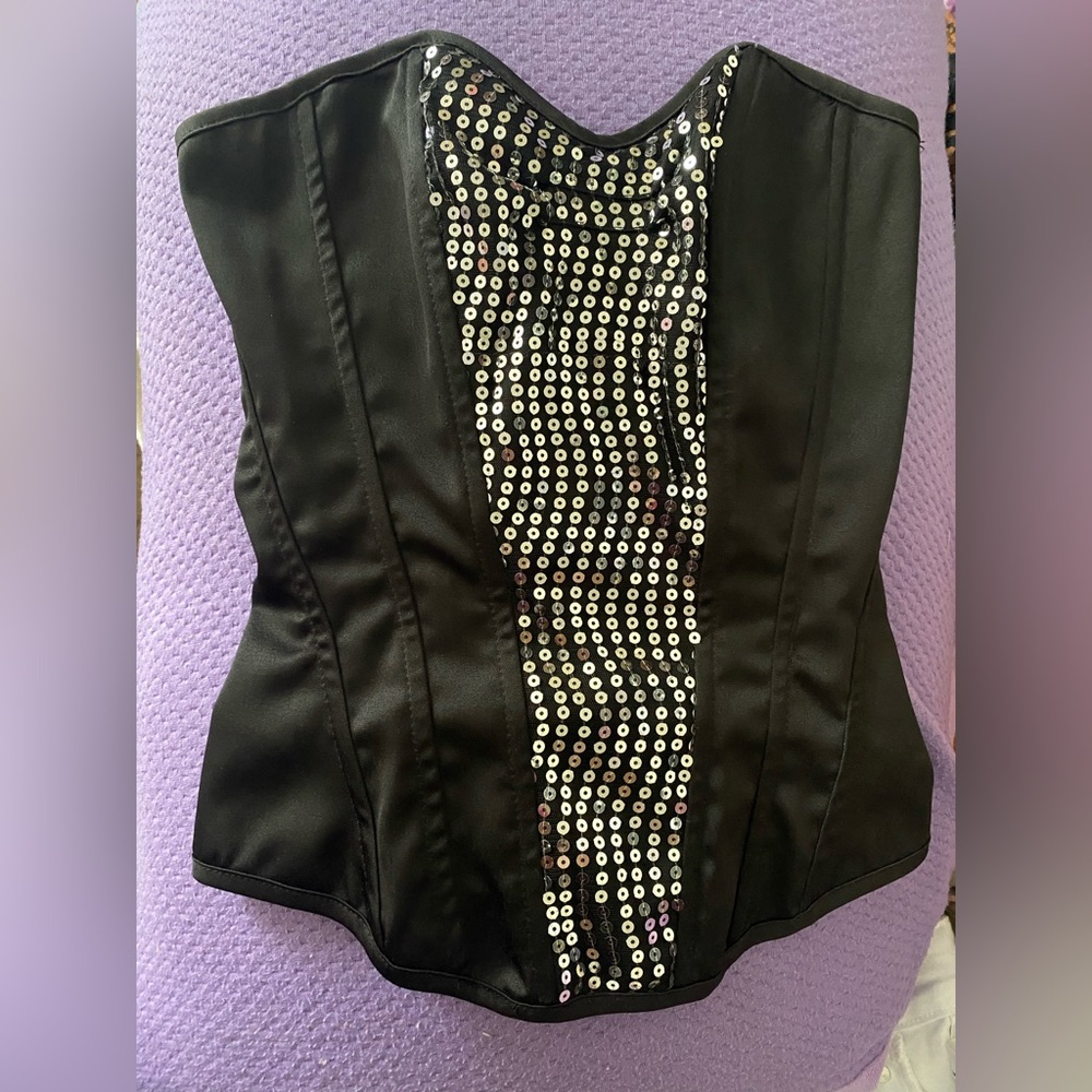 Black Satin & Sequin Corset Top